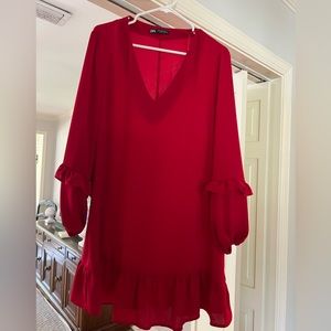 Red 3/4 sleeve ruffle dress